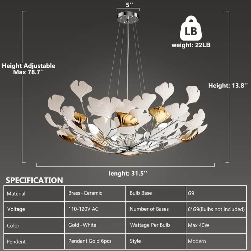KAYLA Ceramic Ginkgo Leaf 8 -Light L40 Inch Chandelier