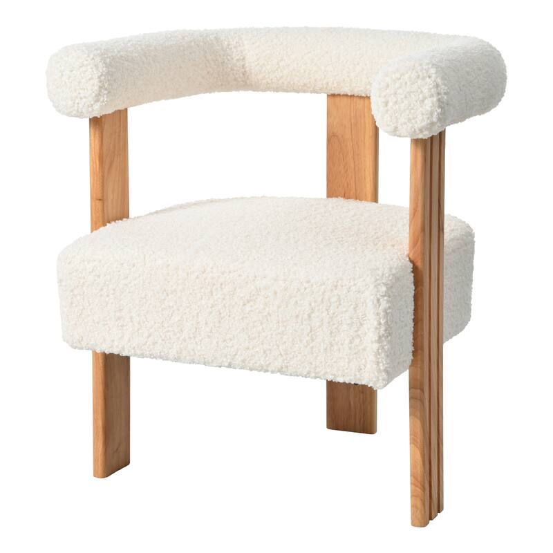 White Mid-Century Modern 25" Upholstered Barrel Accent Chair with Rubber Wood Legs