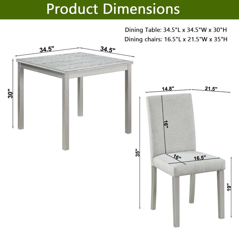 GDFStudio - Hamilton 5-Piece Classic Crystal Tabletop Square Wooden Dining Table Set with 4 Upholstered Dining Chairs