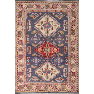 Navy Blue Kazak Area Rug Hand-Knotted Wool Carpet - 4'2" x 6'3"