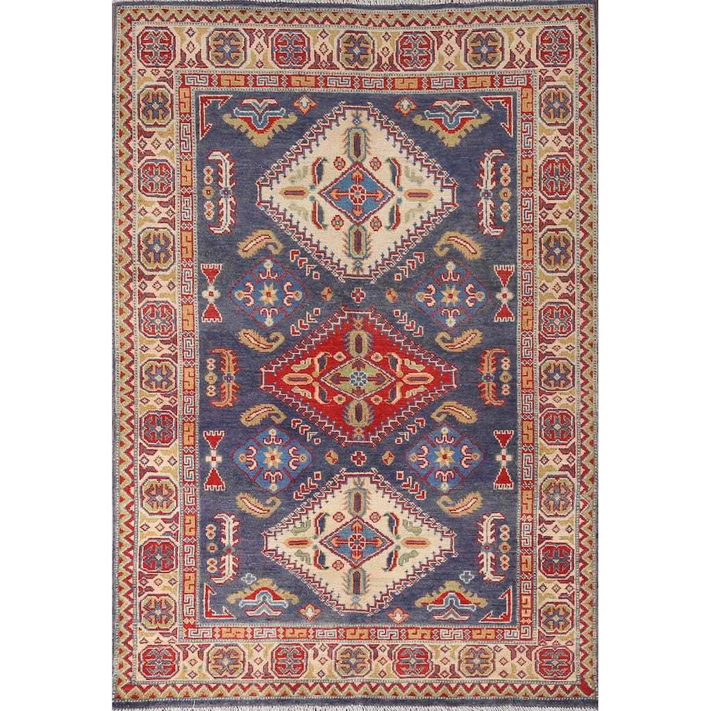 Navy Blue Kazak Area Rug Hand-Knotted Wool Carpet - 4'2" x 6'3"