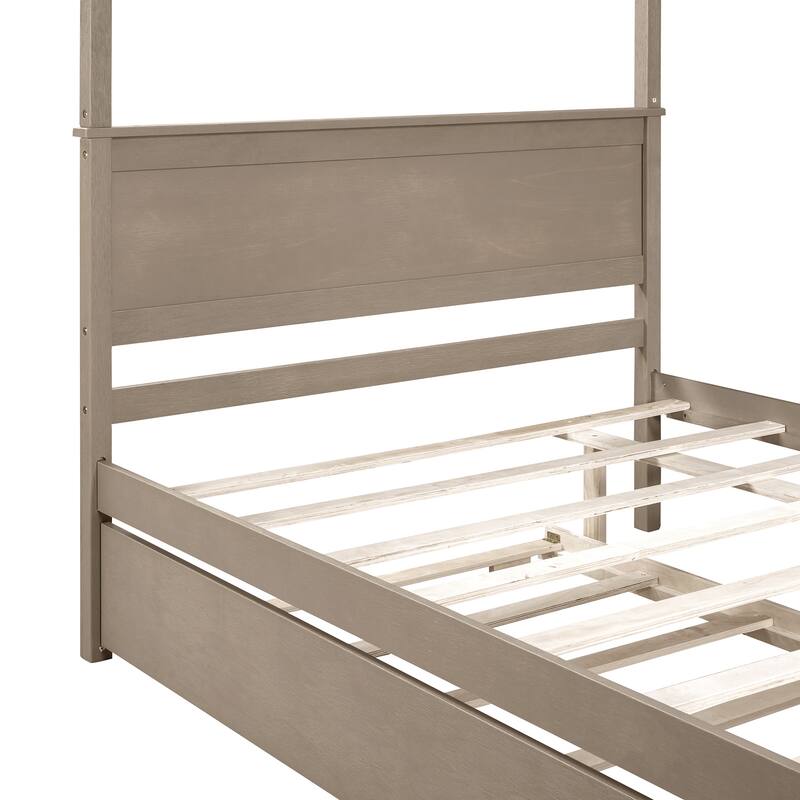 Modern Full Canopy Bed with Trundle, Solid Wood Frame, and Customizable Curtain Rails