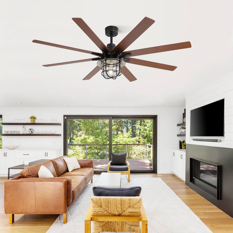 Farmhouse 66 Inch Large Ceiling Fan with Light & Remote Control, Two-Color Blade Ceiling Fan, 6 Speeds Reversible DC Motor - Black+Walnut