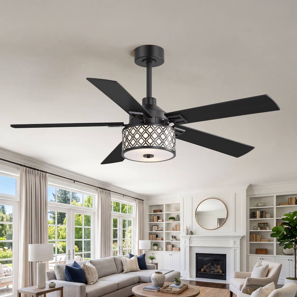 52-Inch Farmhouse Ceiling Fan with Light, Quiet DC Motor, Remote Control, Matte Black/Wood Grain Finish, For Living Room