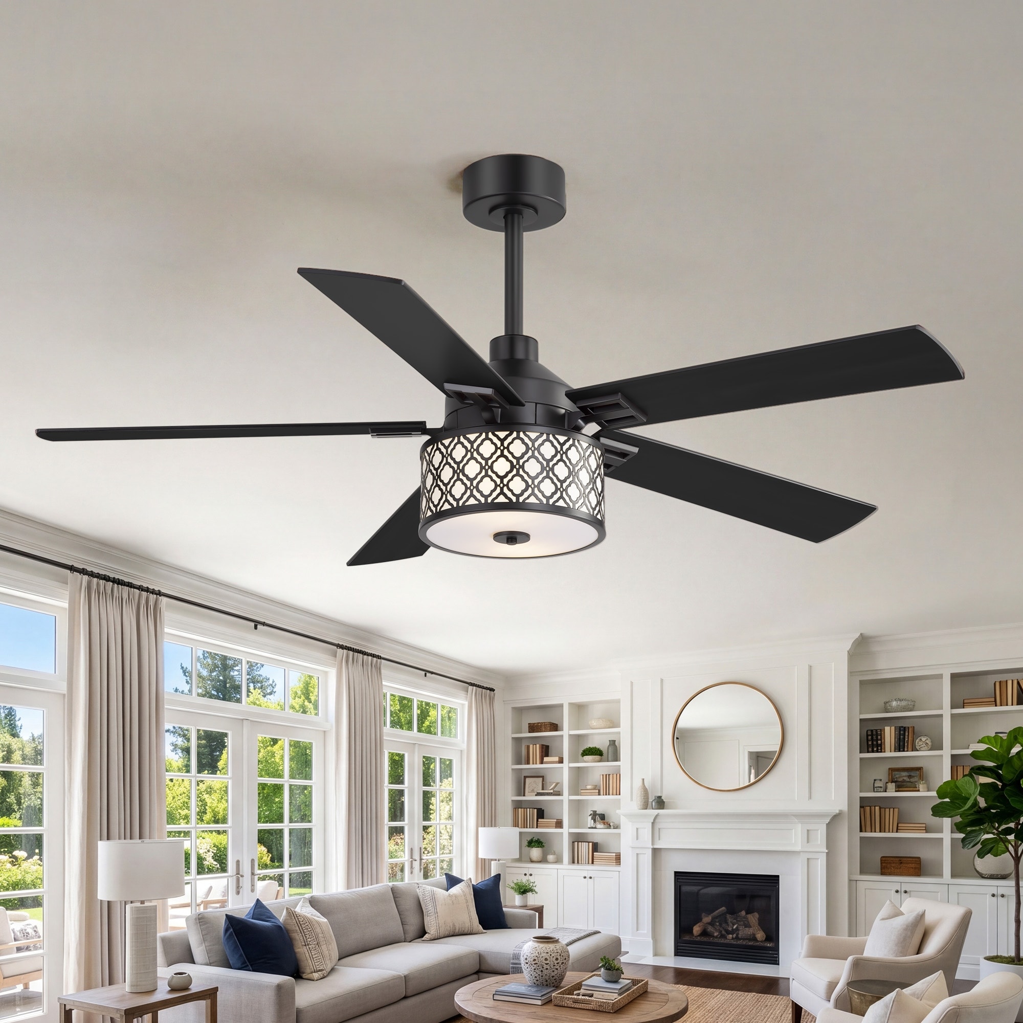 52-Inch Farmhouse Ceiling Fan with Light, Quiet DC Motor, Remote Control, Matte Black/Wood Grain Finish, For Living Room