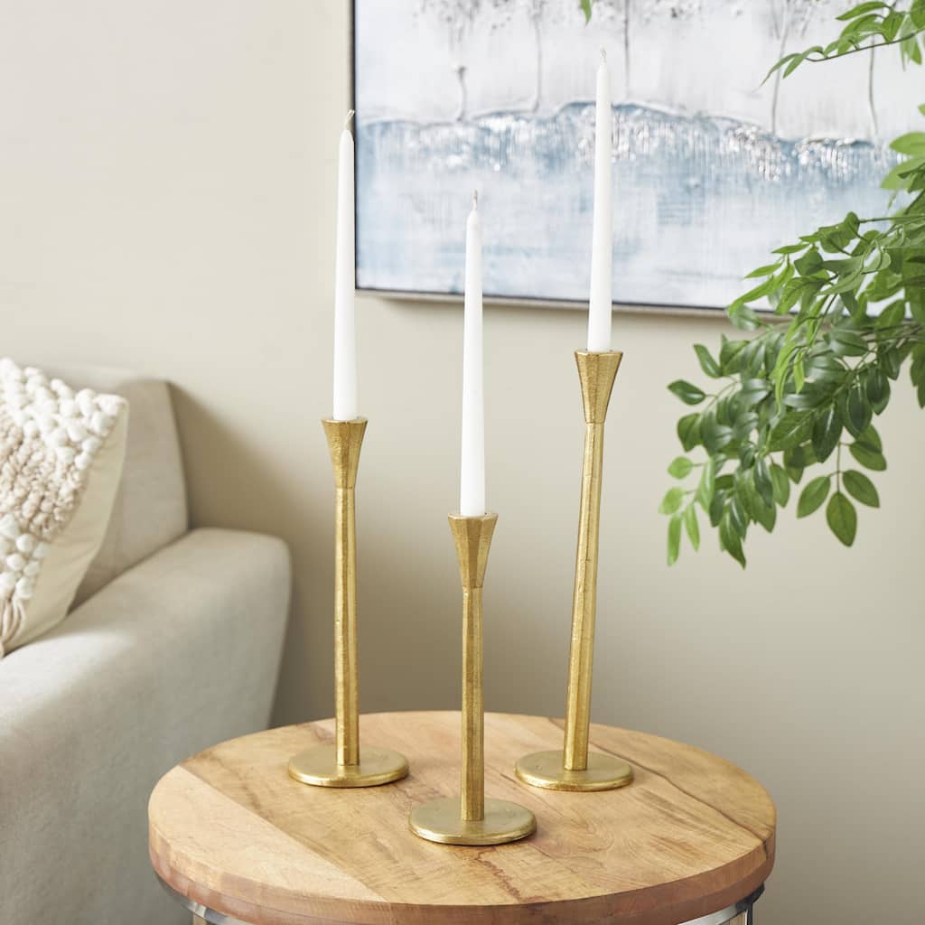 Gold Aluminum Metal Tapered Slim Minimalistic Decorative Candle Holder with Round Base (Set of 3) - 4"W x 4"L x 14"H