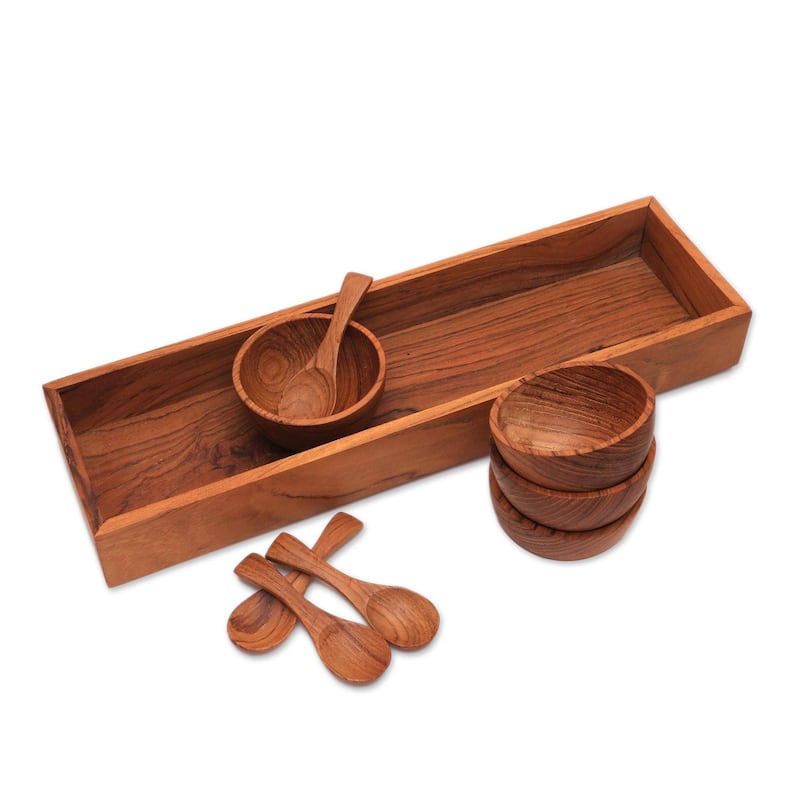 NOVICA Handmade Date Night Wood Condiment Set (9 Piece) Indonesia - 1.2" H x 2.4" Diam.