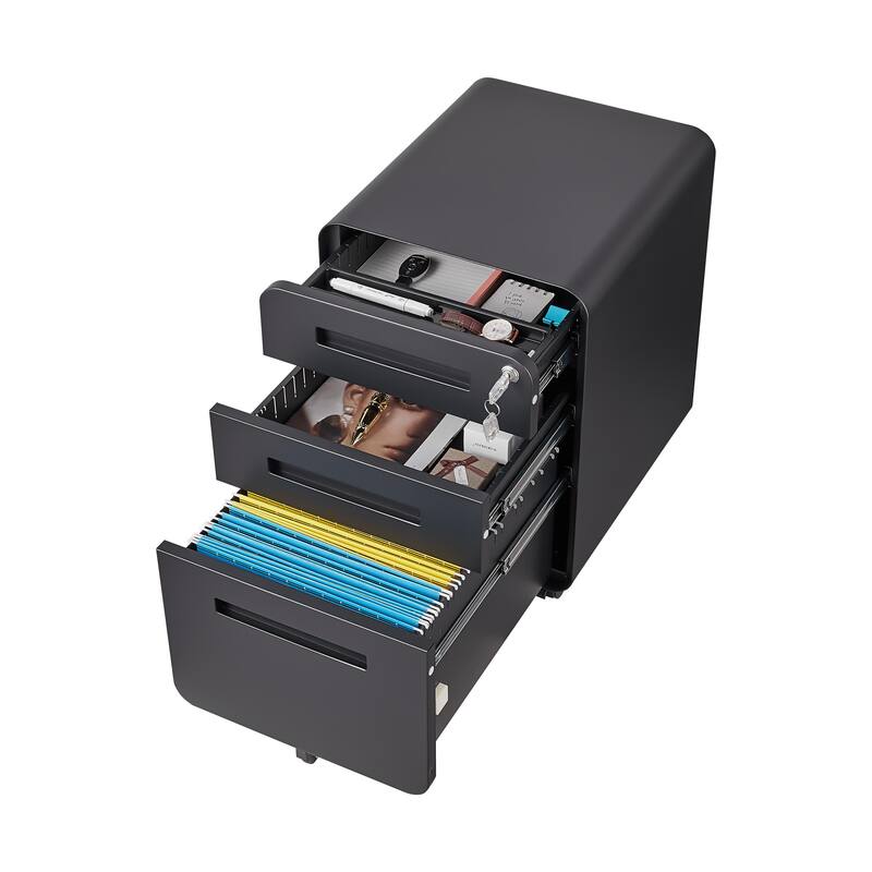 3 Drawer Mobile File Cabinet,Versatile Cabinet,5 Wheel Design Anti-Tilting Cold Rolled Steel Waterproof Moisture-Proof Black