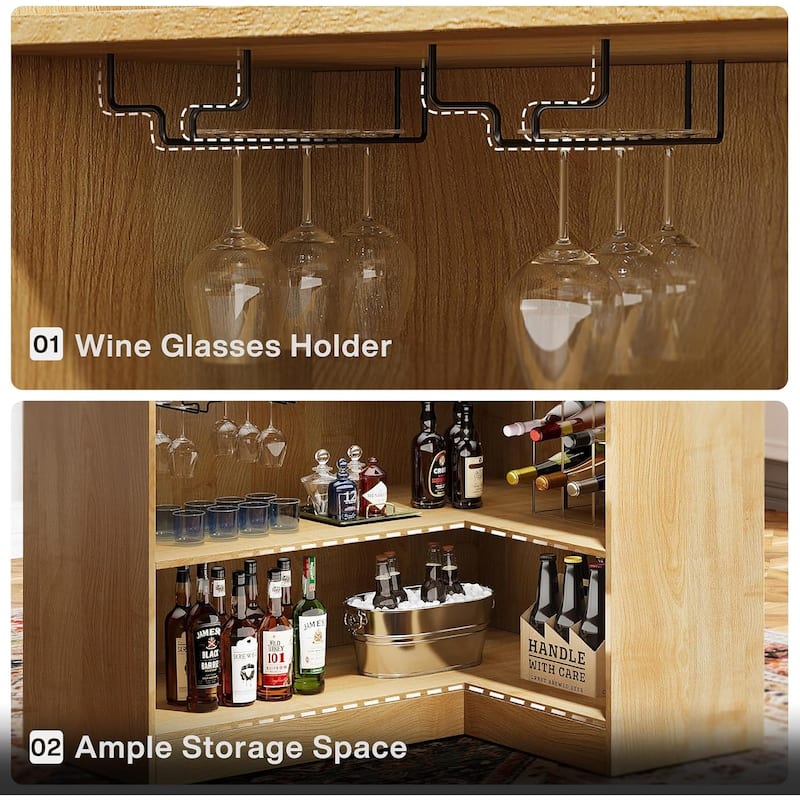L Shaped Home Bar Cabinet Table with Stemware Racks