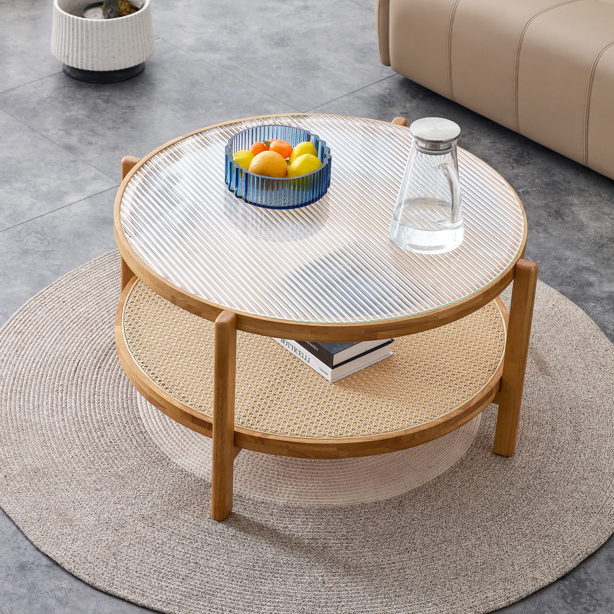 Modern Simple Style Circular Double layer Coffee Table Solid Wood Center Table Rattan Woven Side Table with Glass Top