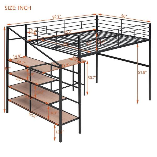 dimension image slide 0 of 2, Full Size Metal Loft Bed with Desk and Lateral 4-Layer Storage Ladder