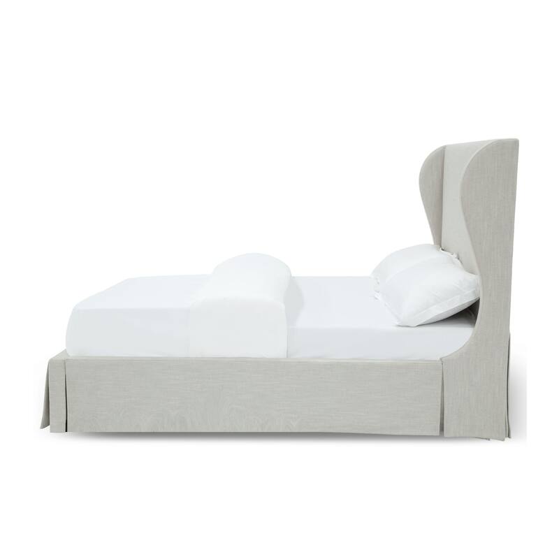 Shia Upholstered Queen Size Skirted Panel Bed with Wing Headboard, Beige