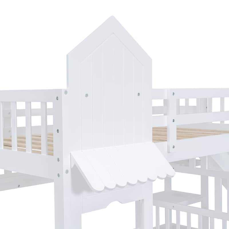 Castle Style Bunk Bed with 2 Drawers 3 Shelves and Slide