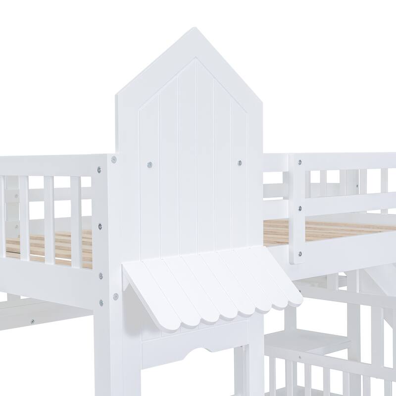 Full-Over-Full Castle Bunk Bed with 2 Drawers Shelves and Slide, Fairytale-Like Atmosphere for Your Lovely Litter Princess