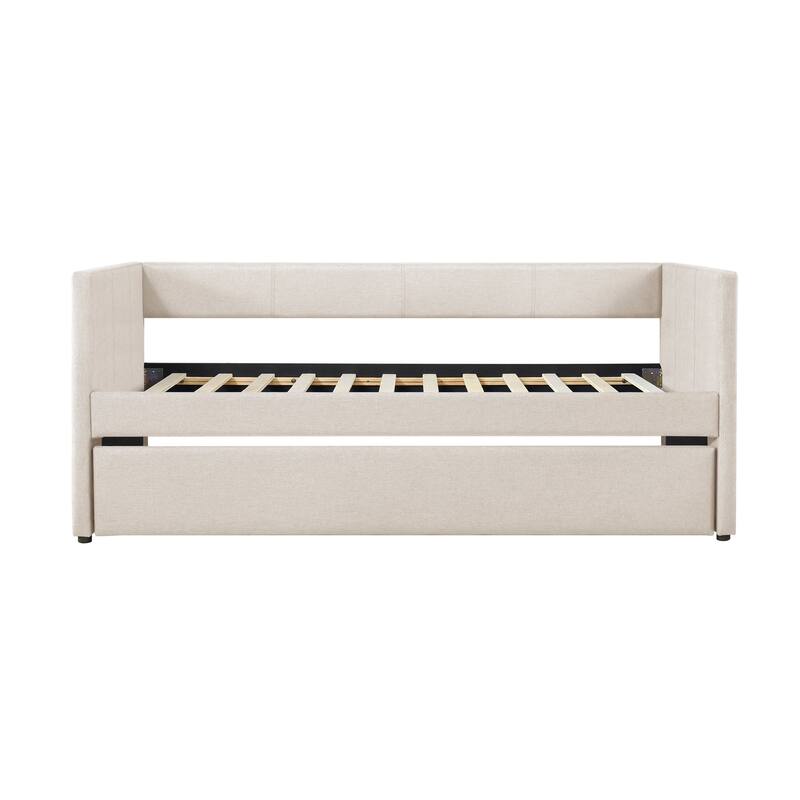 1pc Daybed with Trundle Beige Fabric Upholstery Wooden Frame Modern Home Furniture - Beige