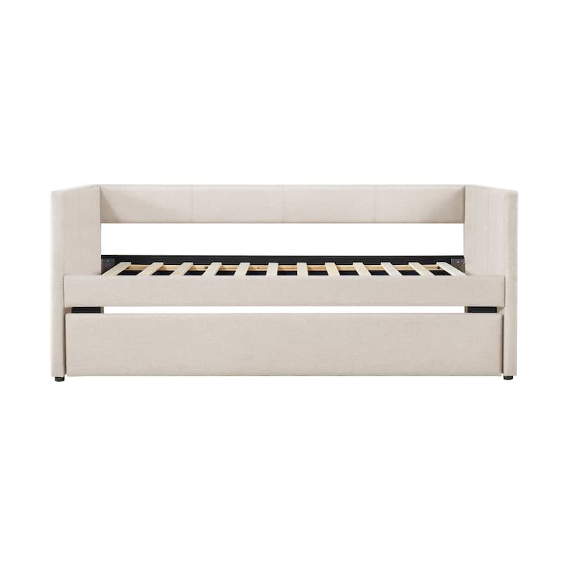 1pc Daybed with Trundle Beige Fabric Upholstery Wooden Frame