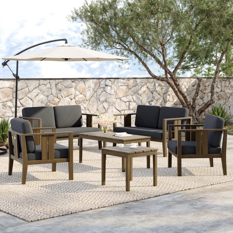 Teak Wood 6-Piece Outdoor Conversation Set with Table - Brown frame - Dark Gray/Brown