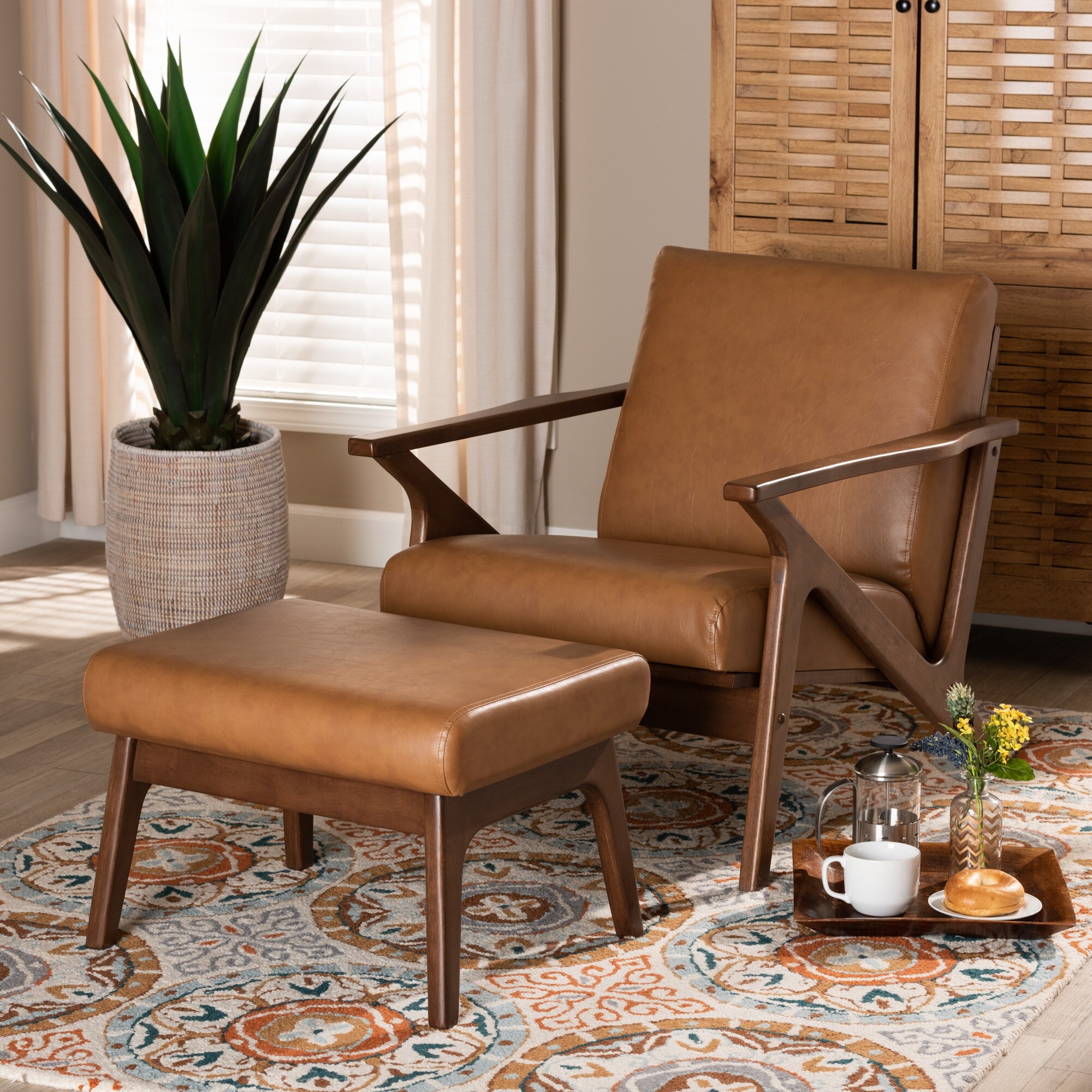 Bianca Mid Century Faux Leather Lounge chair and Ottoman Set 2pcs Walnut Bed Bath Beyond 34036774