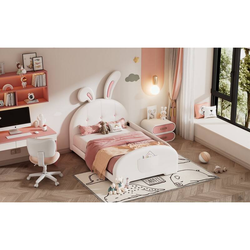Twin size Upholstered Bed with Rabbit-Shape Headboard and Footboard