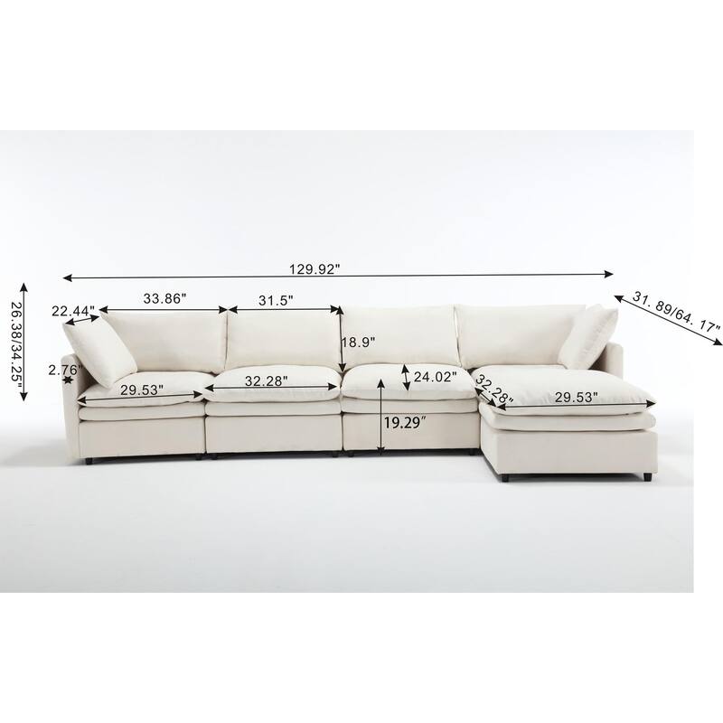 Grey 129.92'' Modern U-Shaped 5-Seat Sectional Sofa with Chaise Lounge and Cushions, Upholstered Sleeper for Living Area