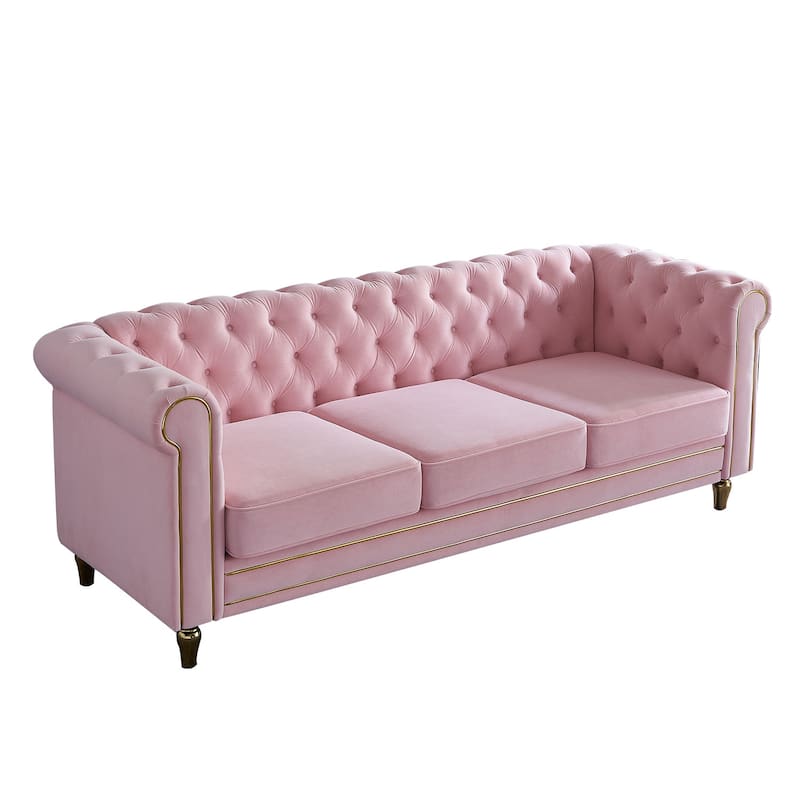 85-inch Pink Velvet Chesterfield Sofa for Living Room