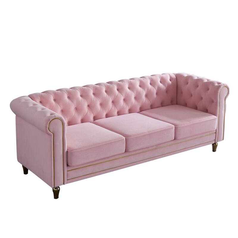 Modern Chesterfield Couch with Button Tufting, High-Density Foam & Gold Accents - 85'' Wide