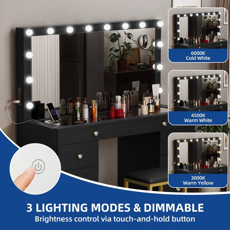Moasis 45" Makeup Vanity Table Set with Lighted Mirror and Charging Station & PU Stool