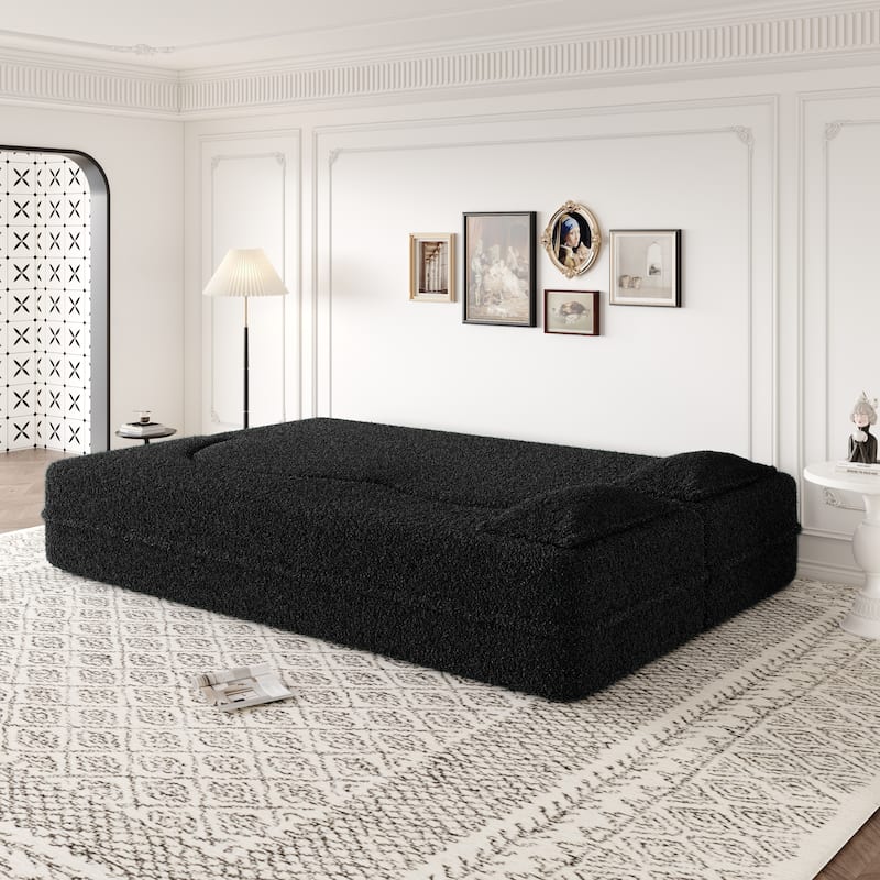Full-Size Folding Sofa Bed with 2 Pillows, Convertible 3-Tier Floor Couch Sleeper Sofa, Loveseat Chaise Lounge Daybed