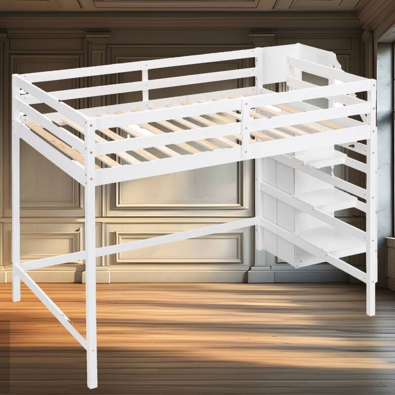 Full Size Loft Bed with Built-in Storage Wardrobe, Clothes Rack and Staircase, Pine Wood Frame, Space-Saving Design