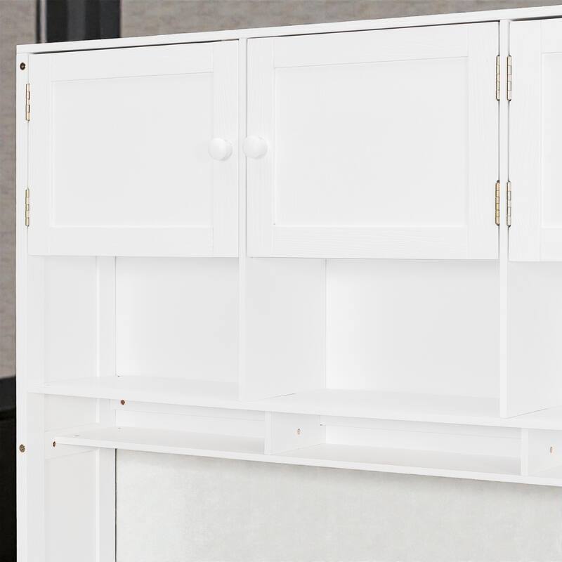 Twin Size Wooden Platform Bed with Desk and Storage, LED Light, Wardrobe Cabinets Drawers and Shelves