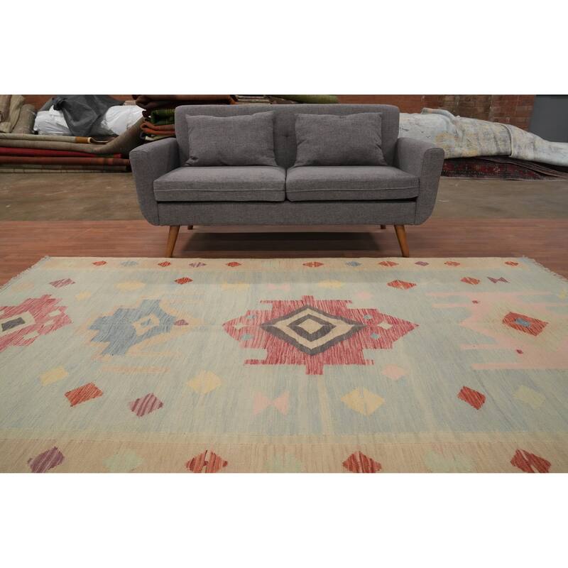 Hand Woven Oriental 100% Wool Carpet Southwestern Tribal Navy Blue & Blues Kilim Area Rug - 9' 0'' X 5' 5''