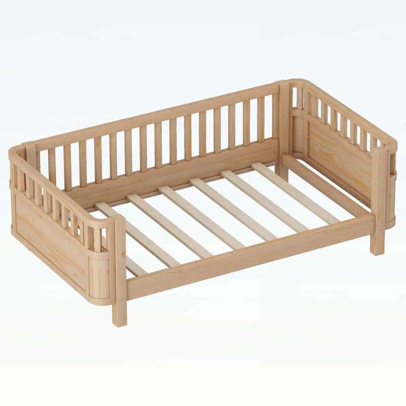 Wood Platform Bed,with Safety Rails and Rounded Corners