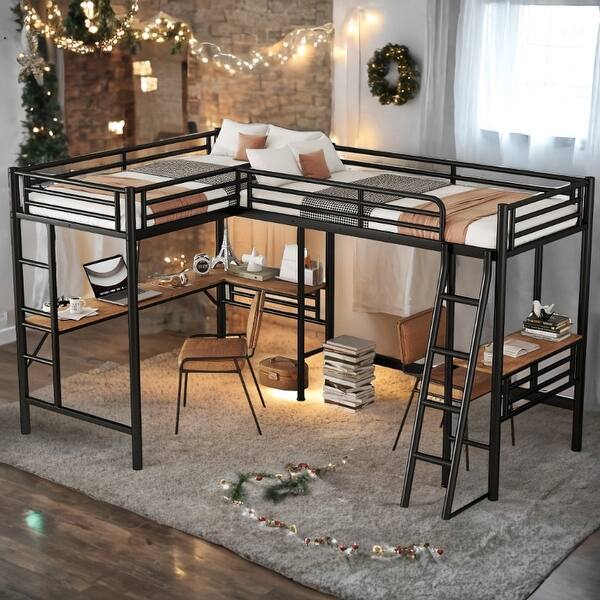 slide 2 of 13, 2 Beds in 1 Design Twin Size Metal L-shaped Loft Bed with Two Built-in Desks Black