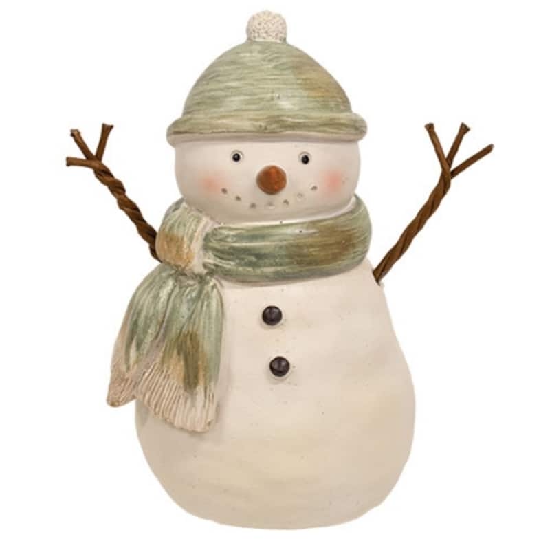 Green White Resin Snowman Figurine with Winter Scarf, Hat and Twig Arms - 2.5 D x 3 W x 6 H in - White-Green