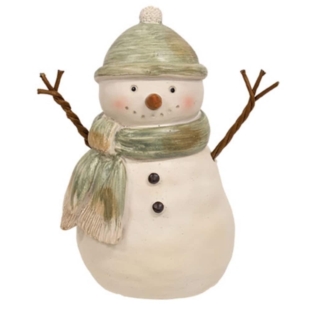 Green White Resin Snowman Figurine with Winter Scarf, Hat and Twig Arms - 2.5 D x 3 W x 6 H in