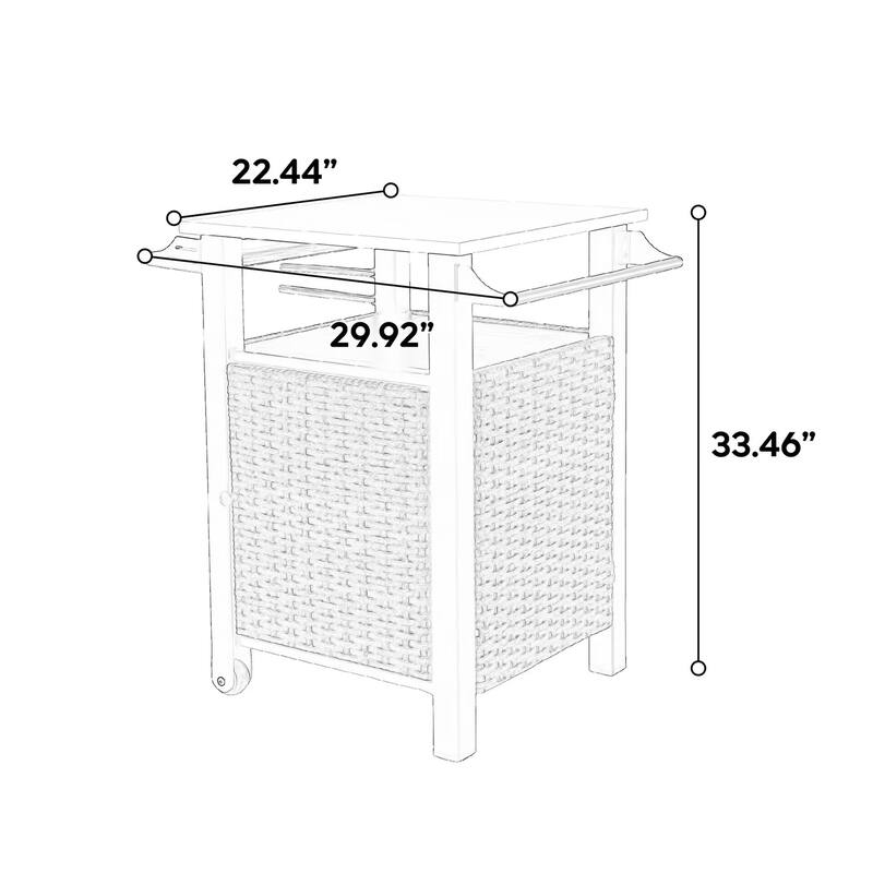 Single door bar cart, Kitchen Wicker Island Rolling Cart & Storage Cabinet, Wheels and Stainless Steel Extended Table Top