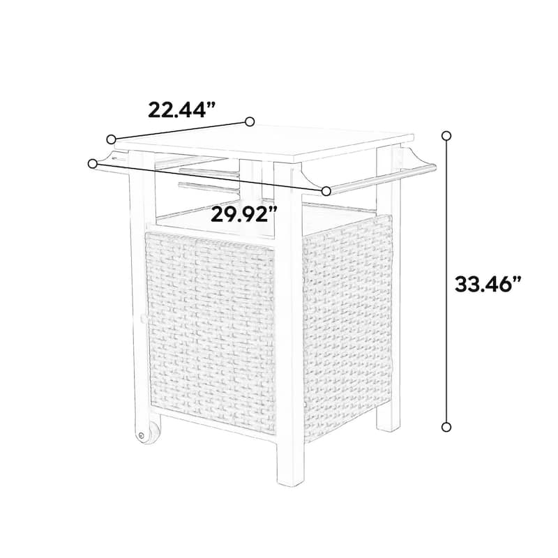 Single door bar cart,Outdoor Kitchen Wicker Island Rolling Cart & Storage Cabinet, Wheels and Stainless Steel Extended Table Top