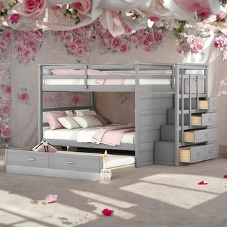 Modern Full over Full Multifunctional Bunk Bed With Trundle And Staircase,Storage Drawers,Solid Construction