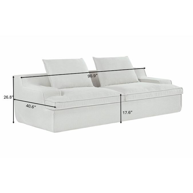 Oversized Full Foam 4 Seater Corduroy Couch, 90 Inch Wide, Ivory, No Assembly