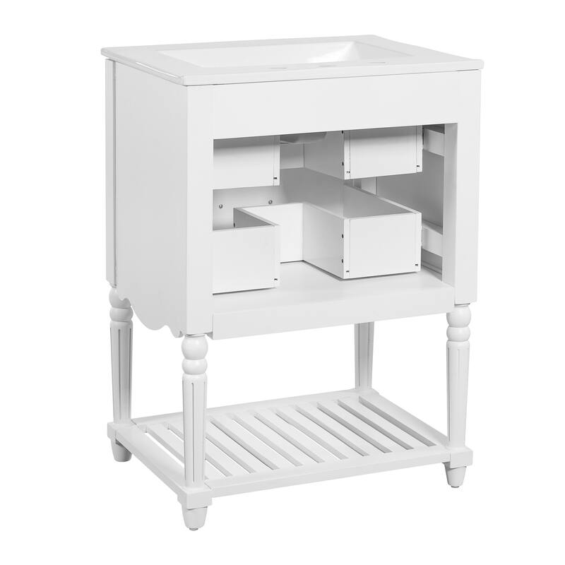 24" Bathroom Vanity with Ceramic Sink, Drawers and an Open Shelf