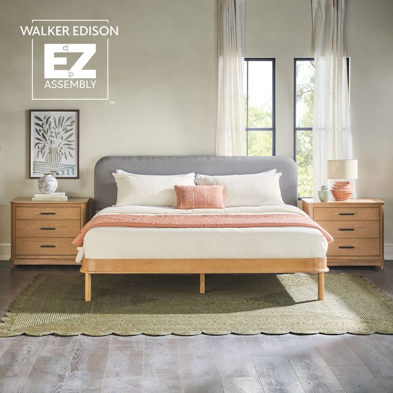 Walker Edison Solid Wood King Bed with Curved Upholstered Headboard - English Oak