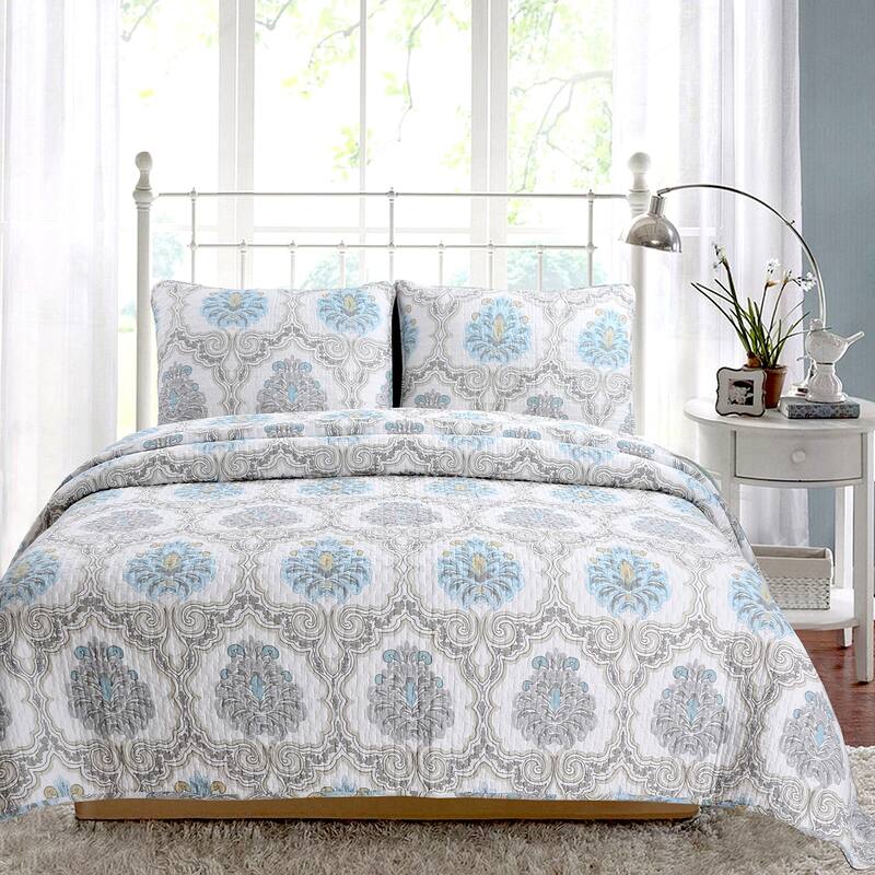 Cozy Line Kamala Damask Blue 3 Piece Reversible Cotton Quilt Bedding Set