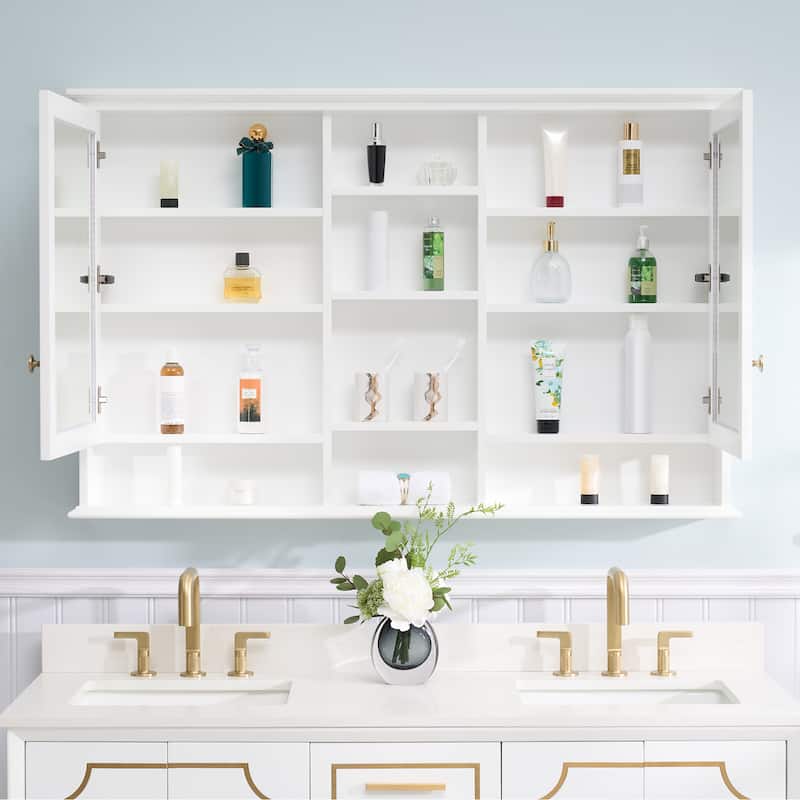 Modern Surface Mount Solid Wood Framed Medicine Cabinet With Mirror and Shelves