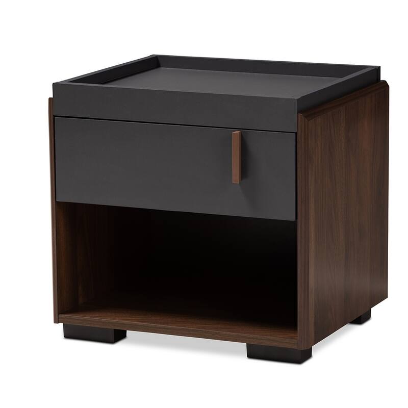 Rikke Modern and Contemporary Two-Tone Gray and Walnut Finished Wood 1-Drawer Nightstand - Dark Grey