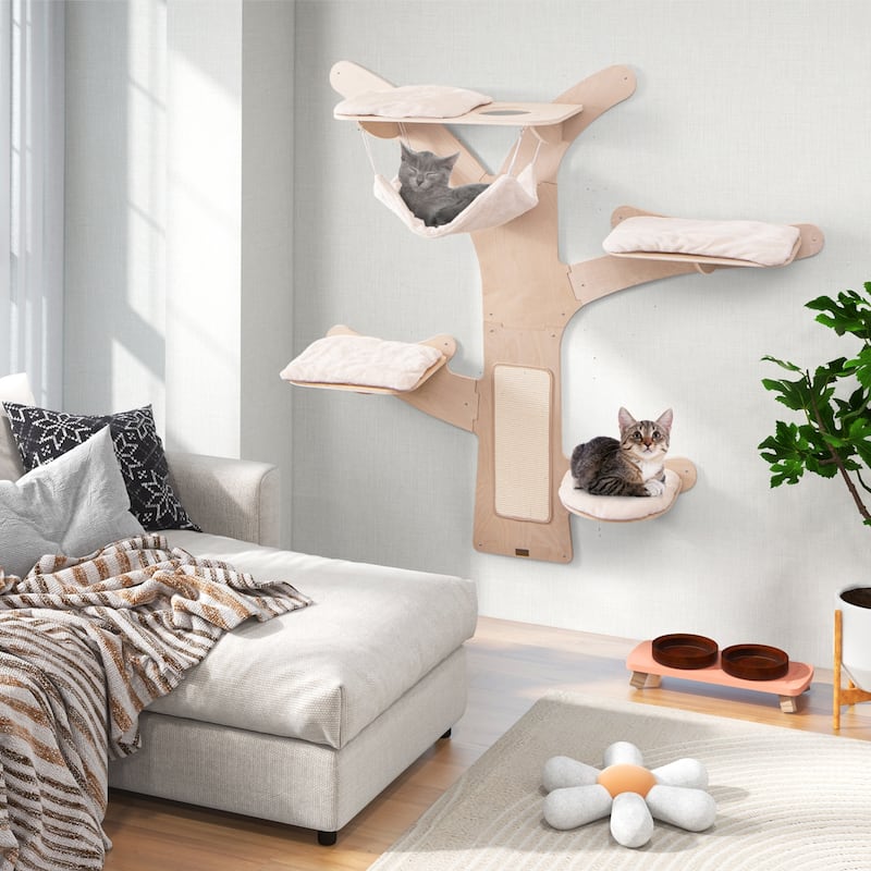 Wall-Mounted Cat Tower with Hammock Platforms and Sisal Scratching Mat - 5th Platform: 16.5" x 14.5" (L x W)