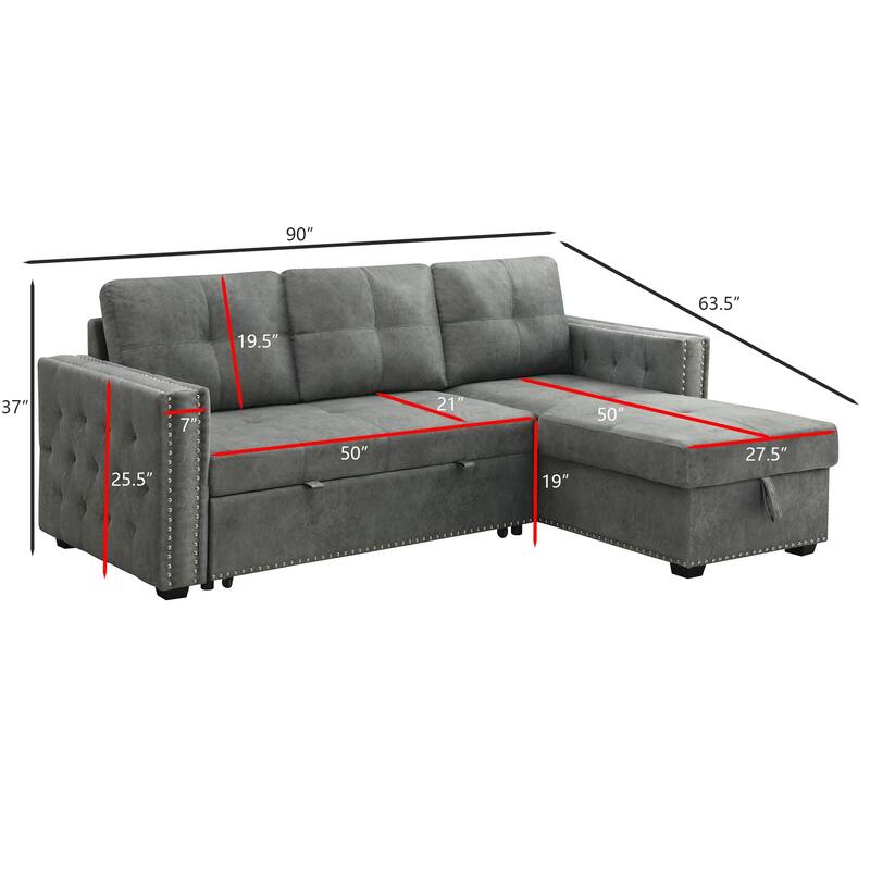 Modern Reversible L-shaped Sleeper Sectional Sofa Bed with Storage Chaise