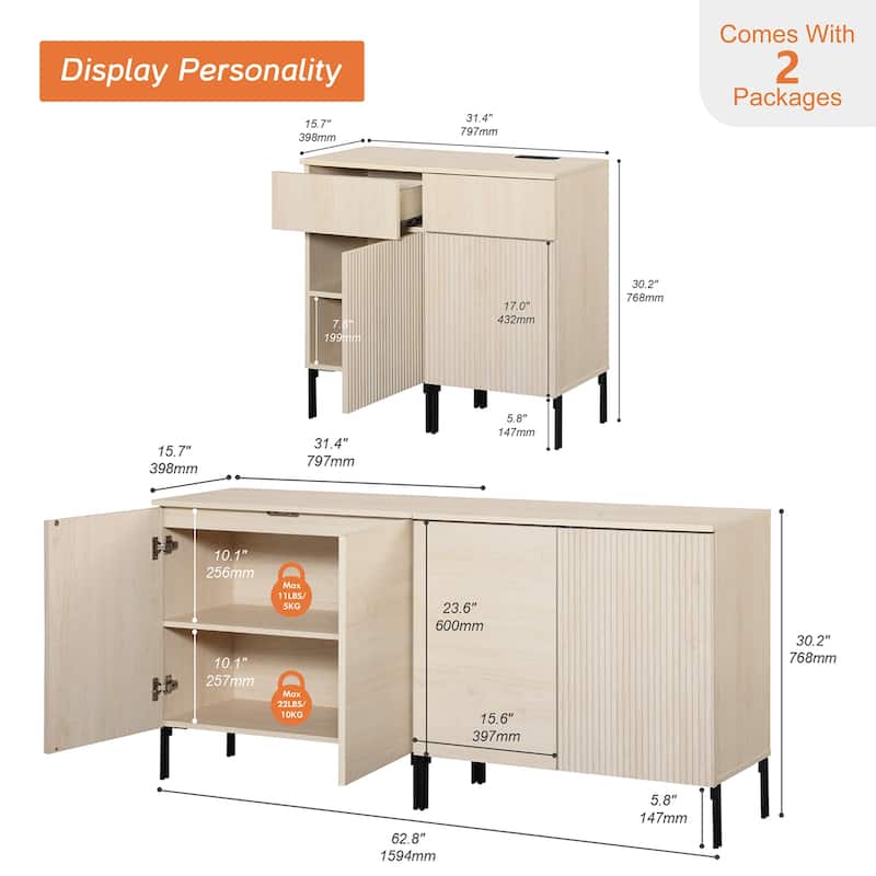 4 Pcs Bedroom Set，Reeded Dresser and Nightstand Sets for Bedroom,Wooden Night Stand of 2 with Charging Station