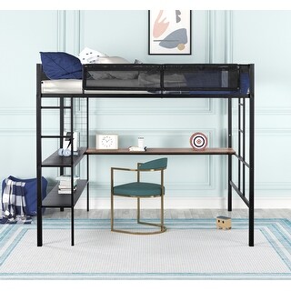 Metal Full Size Loft Bed with Desk,Shelves/Wood Slats/Textilene Guardrail/Built-in Desk,2-tier Shelves,Grid Panel/2 Side Ladders