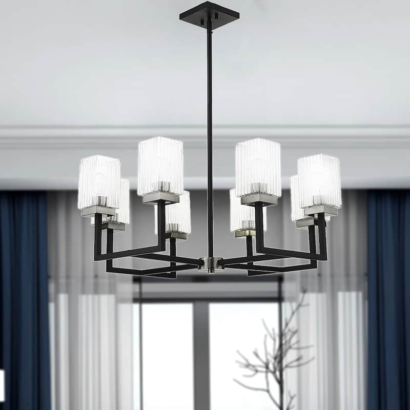 Rigsby Black+Brushed Nickel 8-Light Linear Chandelier with Clear-Rippled Square Glass Shades