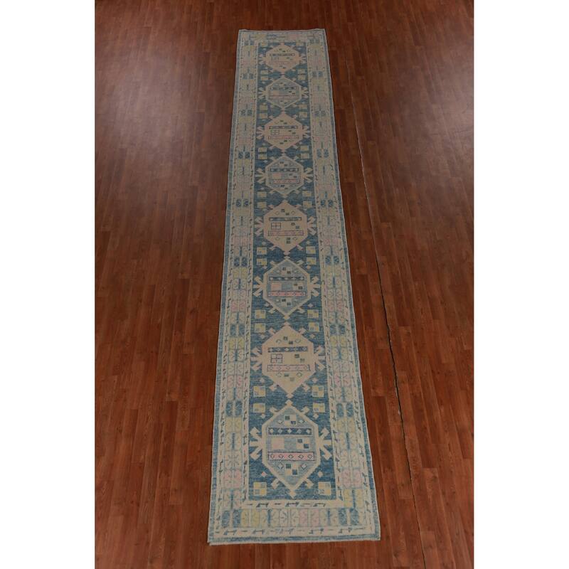 Hand Knotted Oriental 100% Wool Carpet Transitional Geometric Navy Blue & Blues Oushak Runner Rug - 17' 2'' X 3' 2''